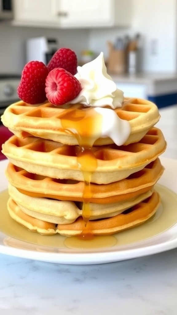 A stack of golden zero carb waffles topped with whipped cream and berries on a white plate.